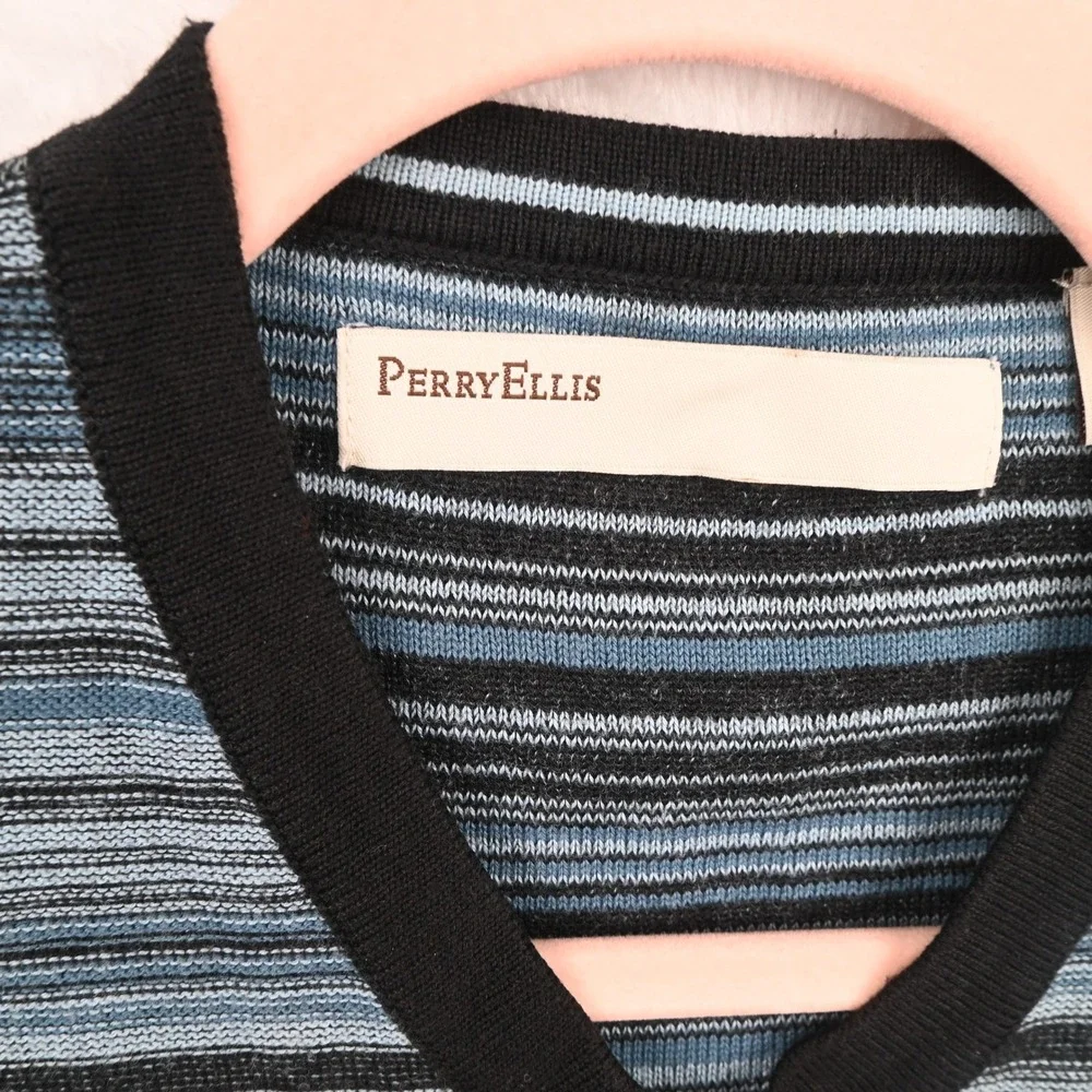 Perry Ellis Sweater Mens Small Blue Striped V-Neck Cotton Rayon Long Sleeve